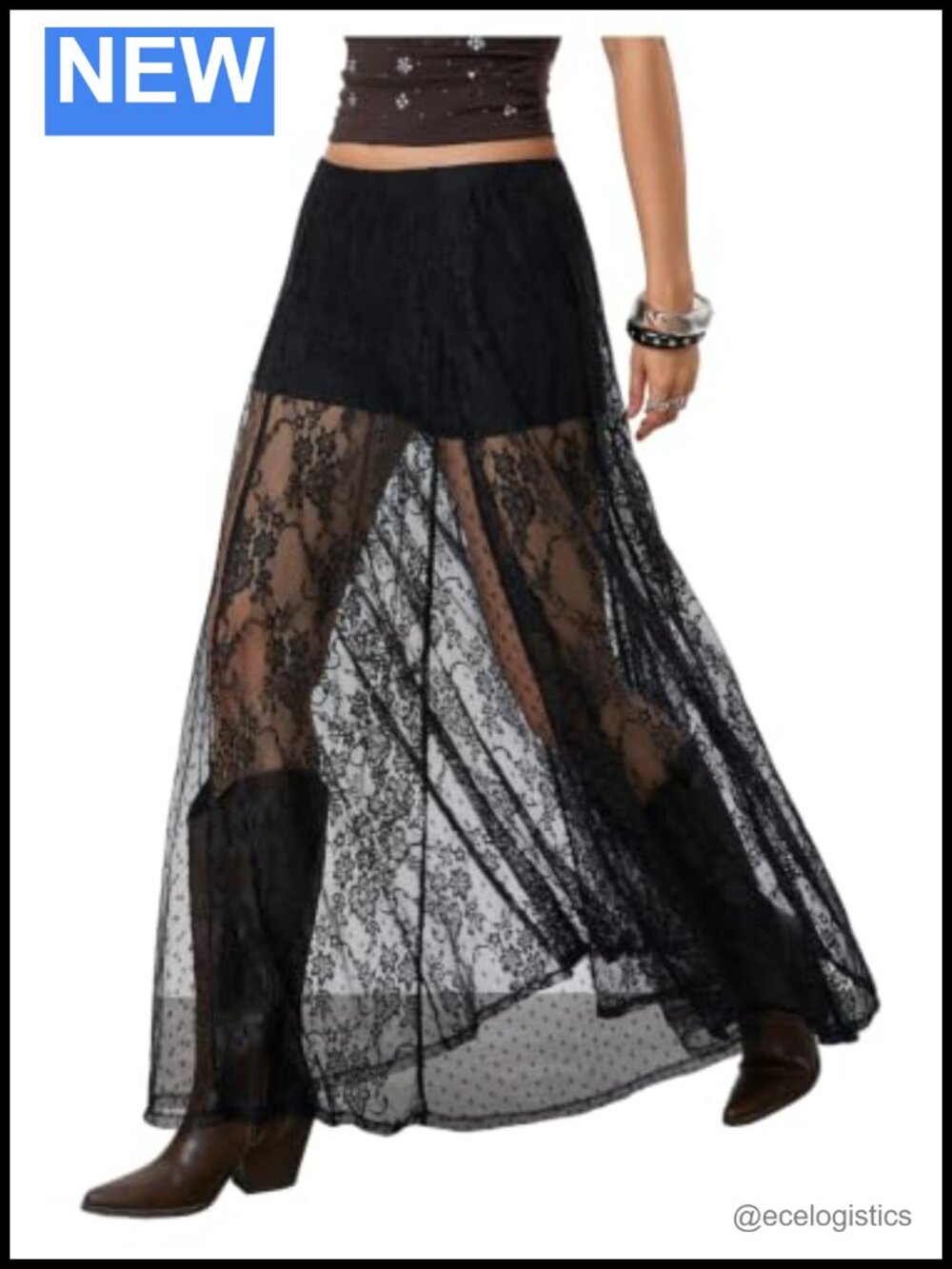 MakeMeChic Women's Lace Mesh Midi Skirt Gothic Rave Concert Outfit
